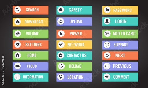 Computer buttons and icons with text. The main button for web site and internet. Flat design