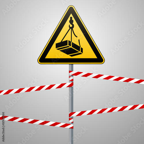 Caution - danger May fall from the height of the load. Safety sign. The triangular sign on a metal pole with warning bands. Light background. Vector illustration.