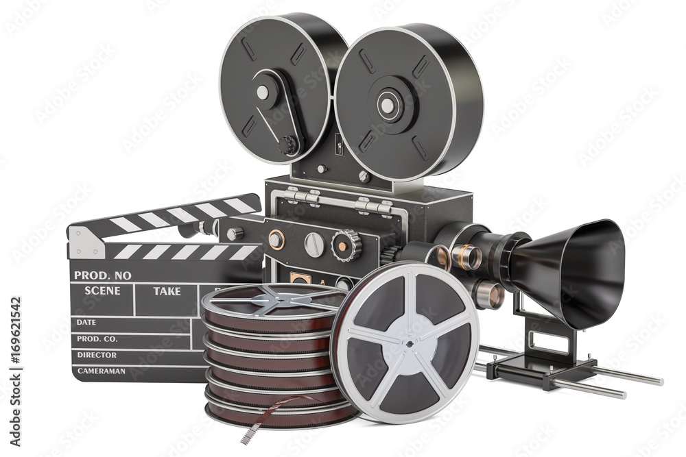 Cinema concept. Clapperboard with film reels and movie camera, 3D rendering  Stock Illustration