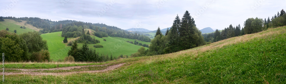 Summertime landscape banner, panorama against the background of mountains Western Carpathians, Zilina Region in the Slovakia