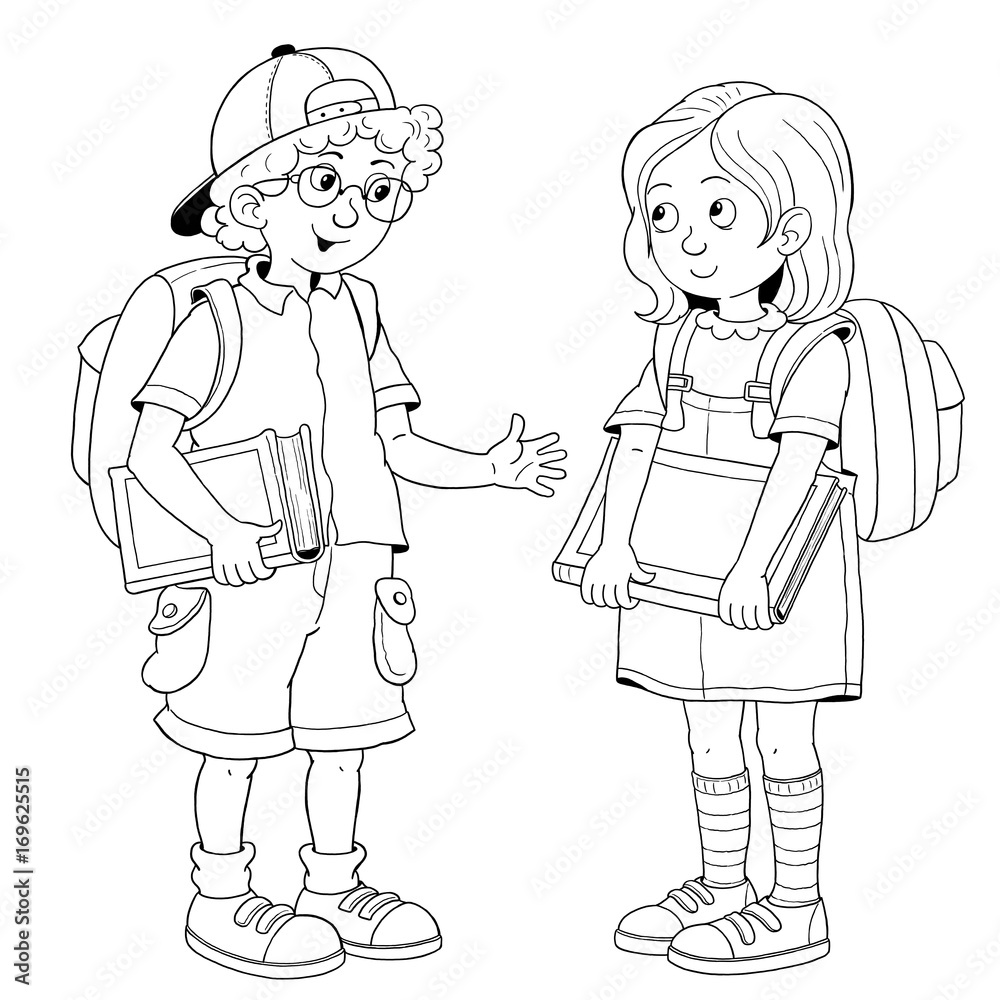 Back to school. Cute schoolchildren ready for school. Coloring page. Poster. Funny cartoon characters Back to school. Cute schoolchildren ready for school. Coloring page. Poster. Funny cartoon characters