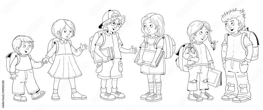 Plakat Back to school. Cute schoolchildren ready for school. Coloring page. Poster. Funny cartoon characters