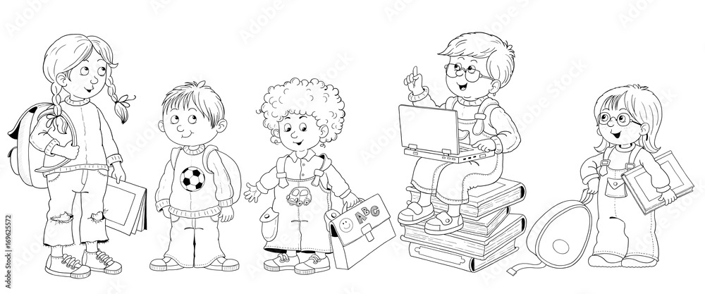 Back to school. Cute schoolchildren ready for school. Coloring page. Poster. Funny cartoon characters
