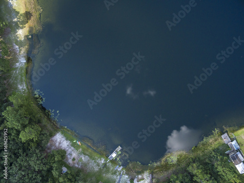 Overhead view of freshwater lake shoreline