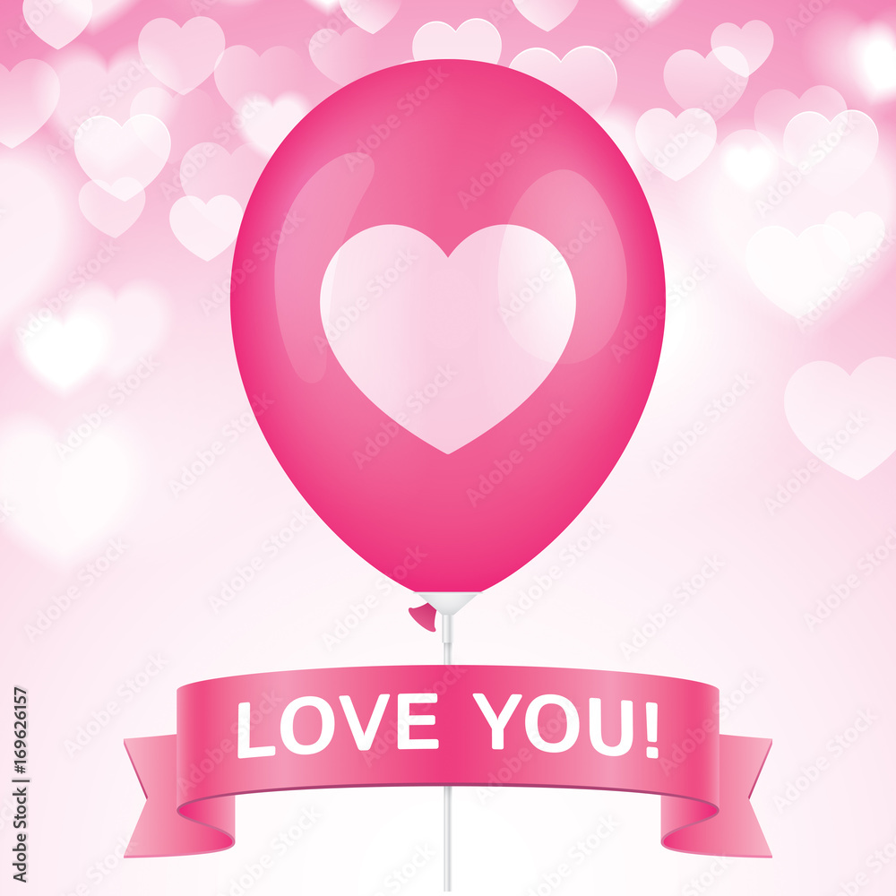 Naklejka Różowy balon z nadrukiem serca ze wstążką na różowym tle bokeh. Projekt wektor romantyczny kartkę z życzeniami.