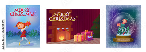Christmas greeting cards collection with elf girl in snow globe, elf boy in the woods and cozy interior with gifts and tree, cartoon characters set, winter holidays background, vector illustration