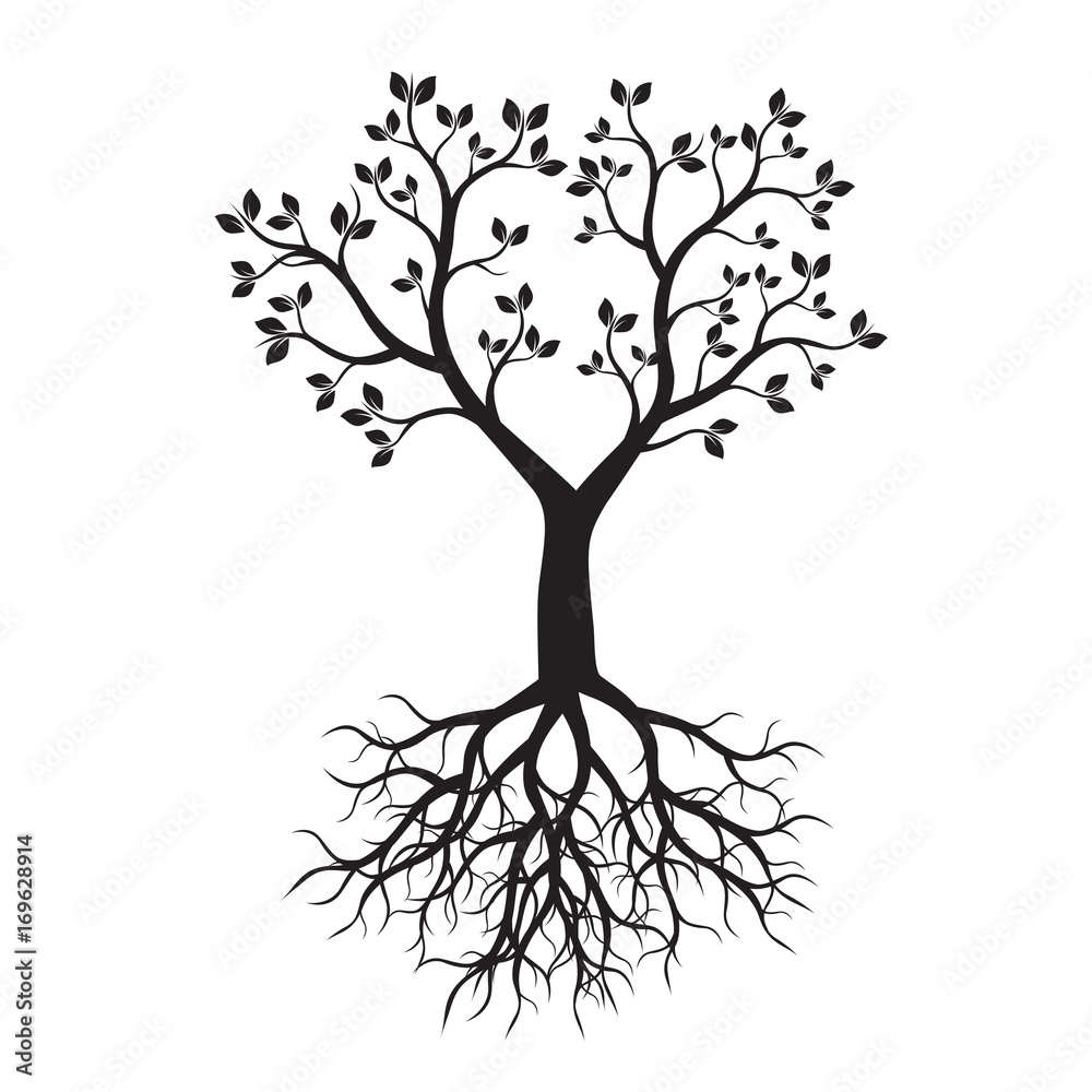 Obraz premium Black Tree with Roots. Vector Illustration.