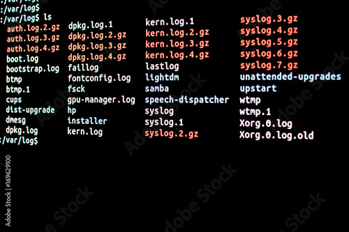 List of files in the Log folder of a operating system. Log analysisn from a terminal connected through SSH