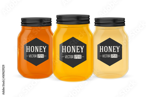 Vector realistic glass jar of honey set with golden lid closeup isolated on white background. Design template for advertise, branding, mockup. EPS10.