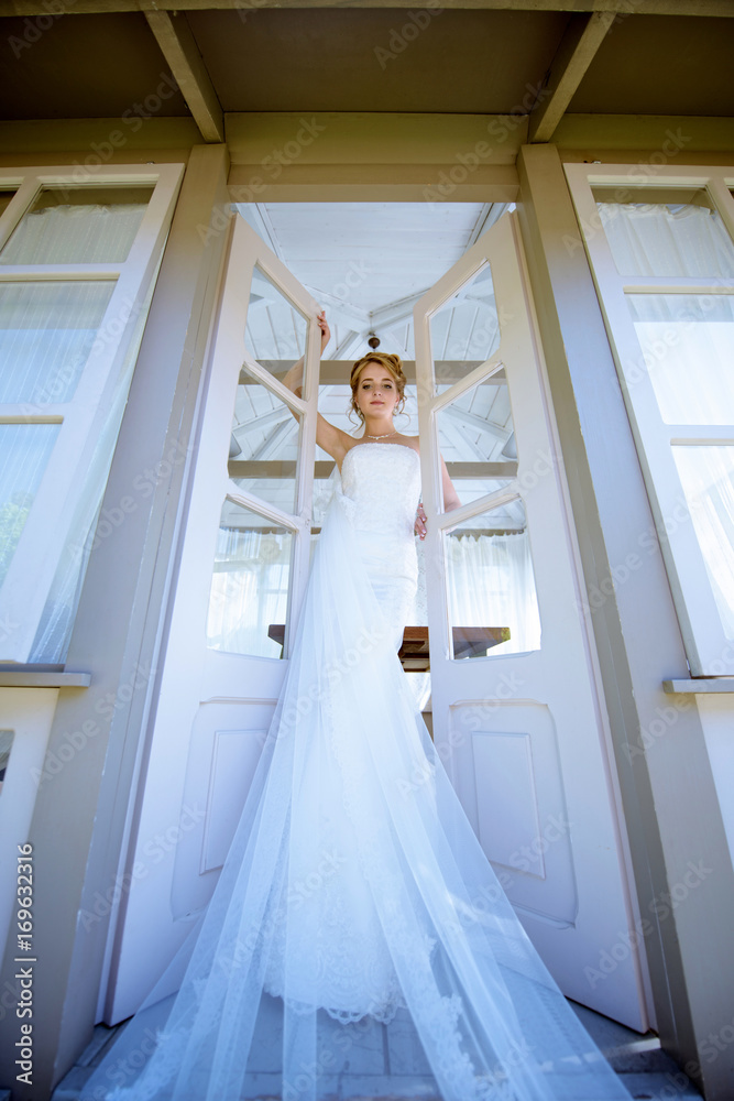 Beauty bride in bridal gown with lace veil in the nature Beauty bride in bridal gown with lace veil in the nature