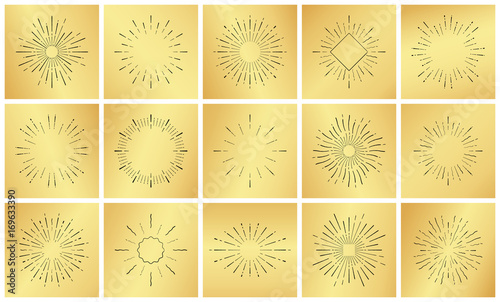 Sunburst vintage set. Hand drawn retro vector bursting rays on golden background