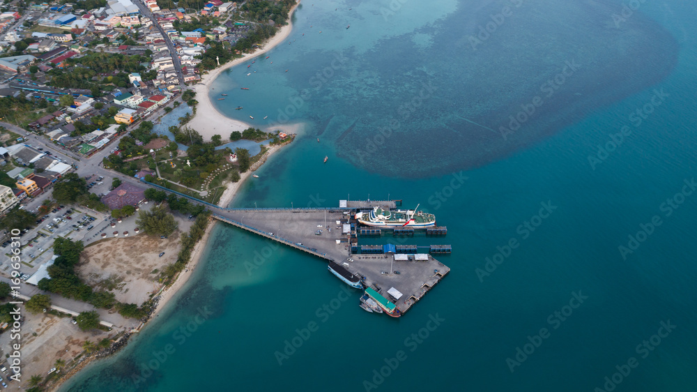 Aerial view of ferry boat docking time at Koh Phangan international port