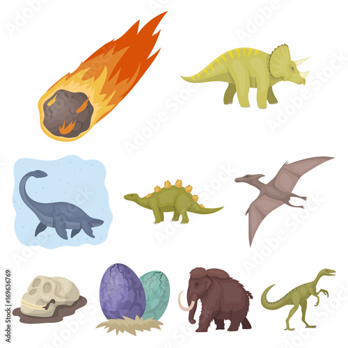 Ancient extinct animals and their tracks and remains. Dinosaurs, tyrannosaurs, pnictosaurs.Dinisaurs and prehistorical icon in set collection on cartoon style vector symbol stock illustration.