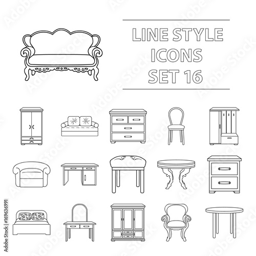 Furniture and home interior set icons in outline style. Big collection of furniture and home interior vector symbol stock illustration