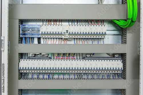 Wiring PLC Control panel with wires in cabinet for machine industrial factory