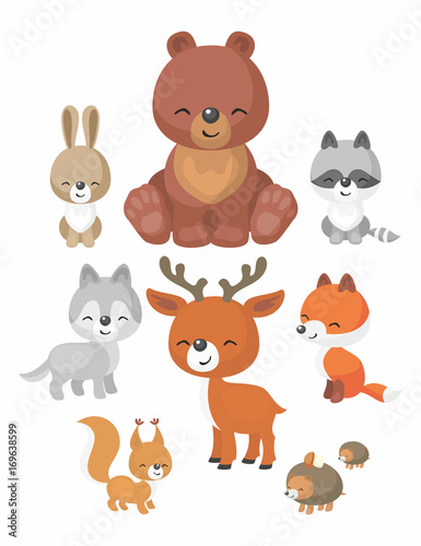 Fototapeta Naklejka Na Ścianę i Meble -  The image of cute forest animals in cartoon style. Children’s illustration. Vector set.