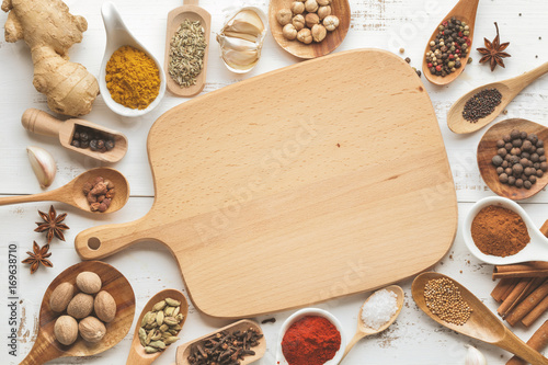 Mixed dry spices in wooden spoons