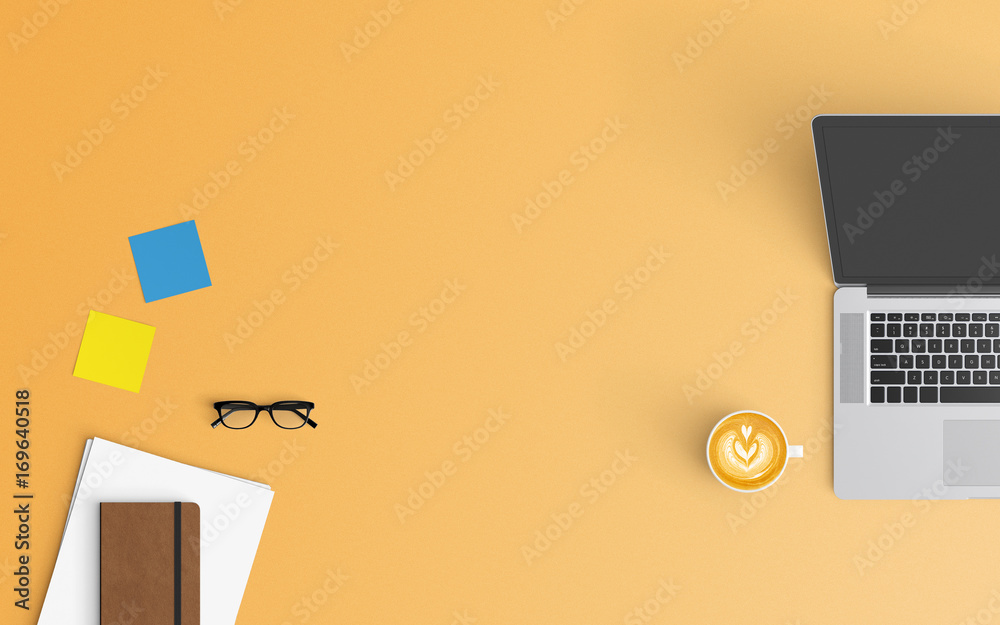Modern workspace with coffee cup, paper, smartphone, notebook and laptop copy space on orange color background. Top view. Flat lay style. Modern workspace with coffee cup, paper, smartphone, notebook and laptop copy space on orange color background. Top view. Flat lay style.