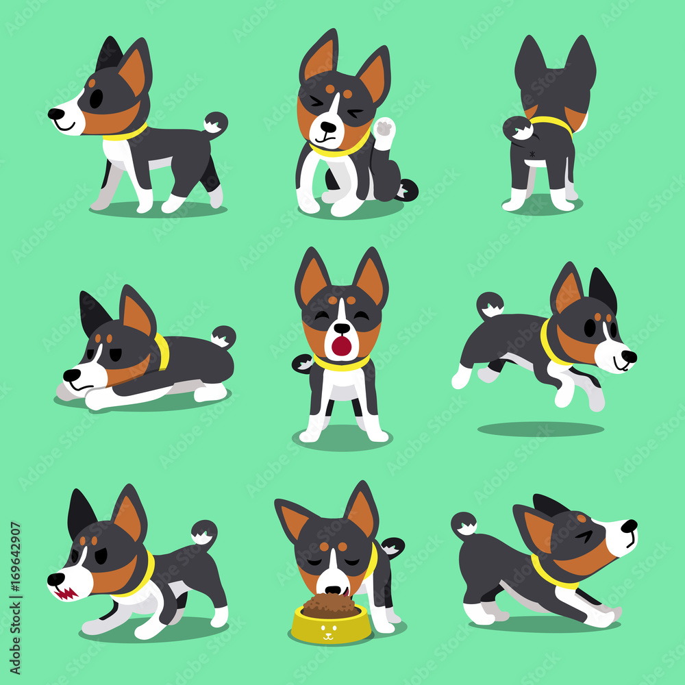 Cartoon character basenji dog poses set