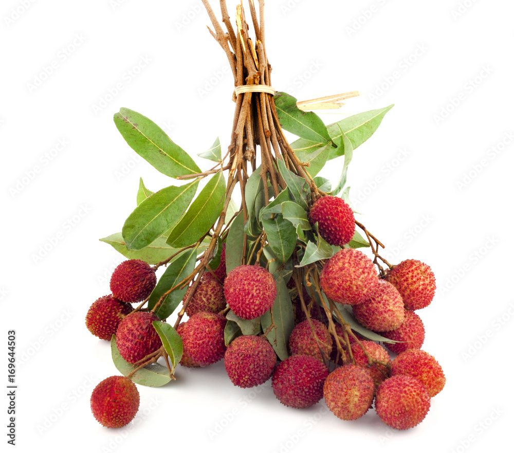 Lychee fruit, Fresh lychees with leaves isolated white background. Lychee fruit, Fresh lychees with leaves isolated white background.