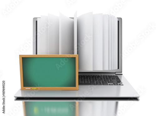 3d Laptop computer with book pages and "E- learning" text