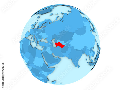 Turkmenistan on blue globe isolated