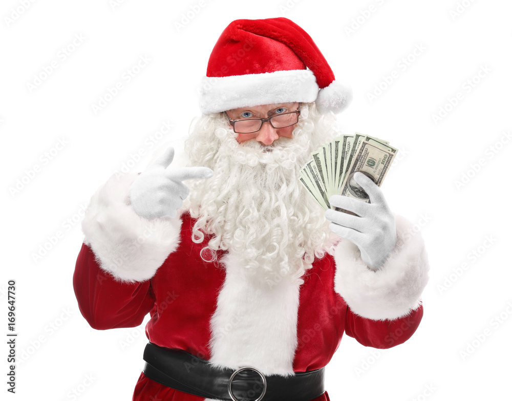 Santa Claus holding money on white background Santa Claus holding money on white background