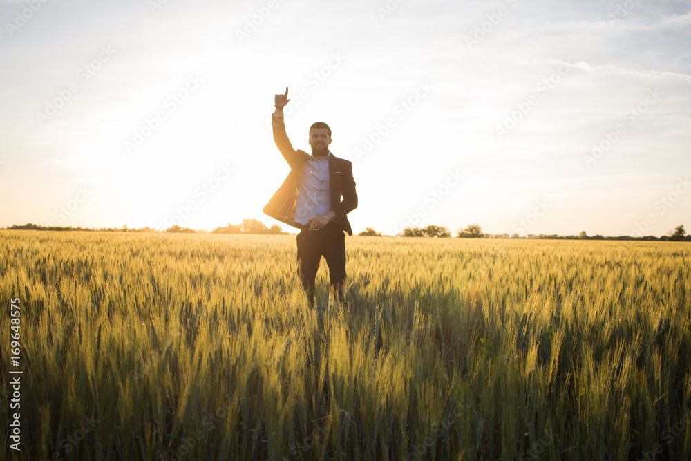 Happy buisinesman having fun in summer fields, man in buisines suit enjoy of freedom, concept of winner manager. Happy buisinesman having fun in summer fields, man in buisines suit enjoy of freedom, concept of winner manager.