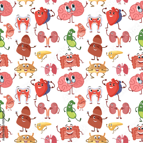 Internal human organs with funny smiles, in cartoon style. Vector seamless pattern