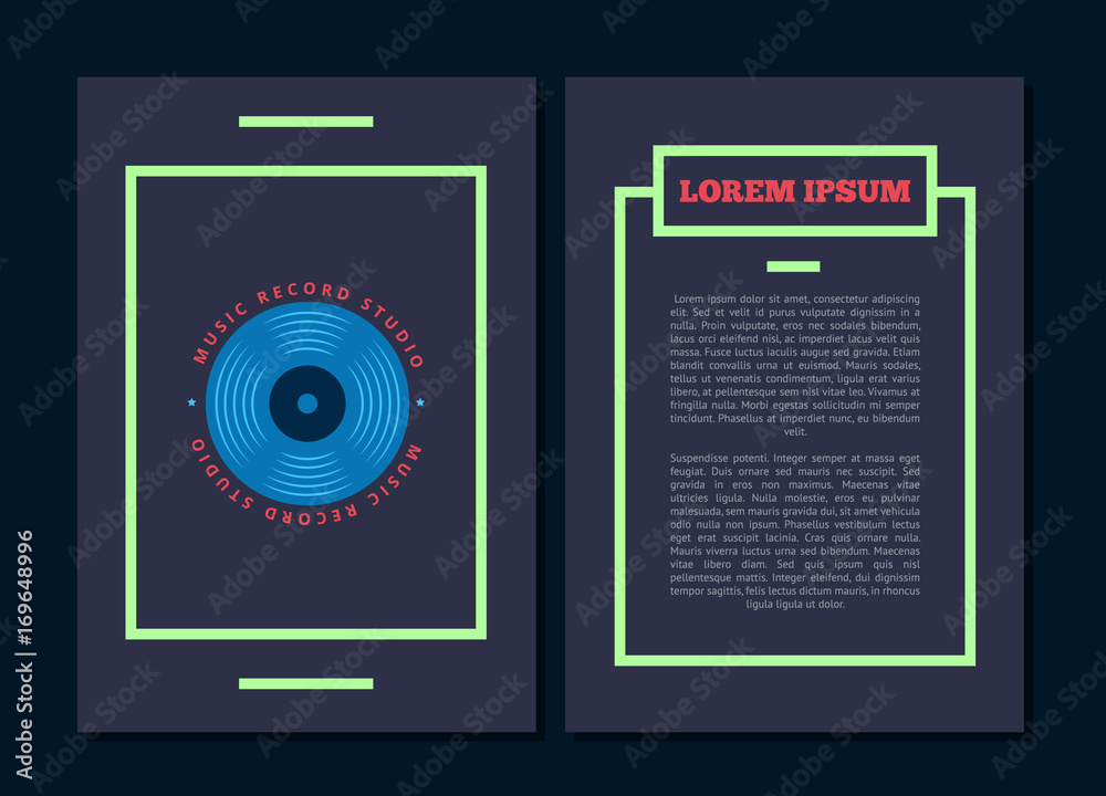 Fototapeta premium Vector card flyer with retro sound record studio, vinyl music club logo with vinyl record