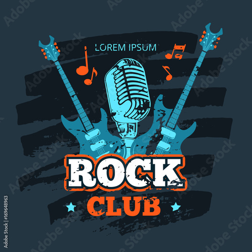 Vector retro rock guitar and microphone music club vector logo