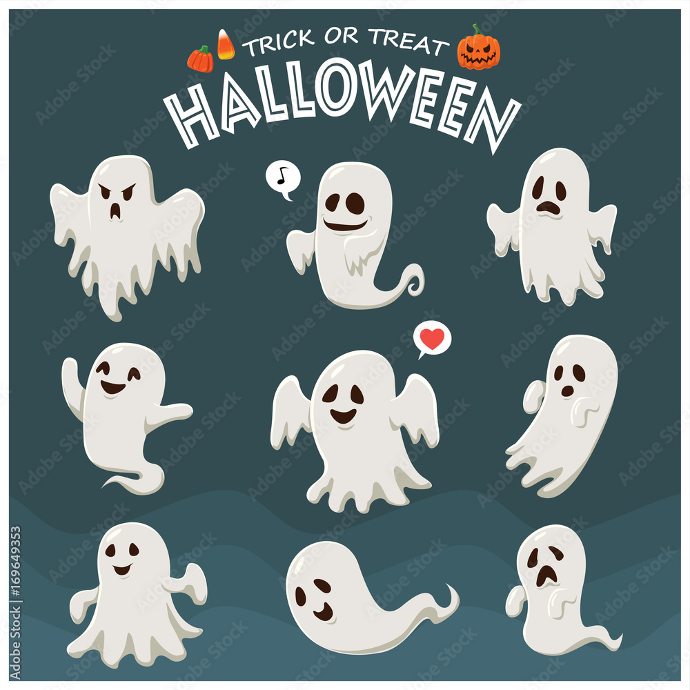 Fototapeta premium Vintage Halloween poster design with vector ghost character. 