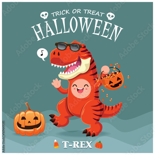 Vintage Halloween poster design with vector T-Rex dinosaur character. 