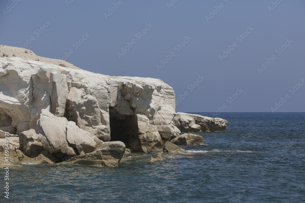 Fototapeta premium Cave in white rocks near Governor's beach; Cyprus. Sea landscape.