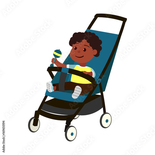 Vector african baby boy on perambulator isolated on white background