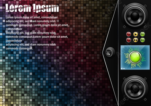 realistic speaker subwoofer device on colorful pixel grid
