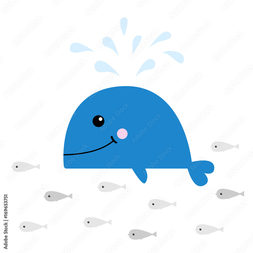 Blue whale with water fountain. School of fish herring Sea ocean life. Cute  cartoon character Eyes, tail, fin. Smiling face. Kids baby animal  collection. Flat design White background Stock Vector | Adobe