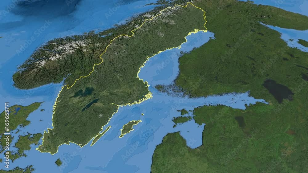 Sweden, glide over the satellite map, outlined Sweden, glide over the satellite map, outlined