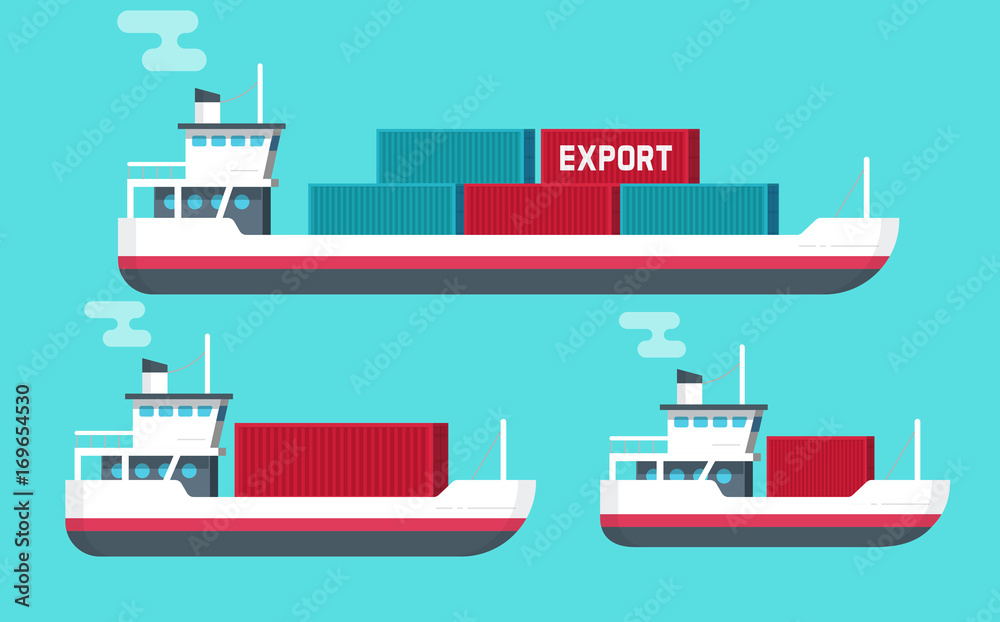 Cargo ships isolated vector illustration, flat cartoon big and small shipping freighter boats carrying cargo containers flat cartoon style, commercial freight vessel Cargo ships isolated vector illustration, flat cartoon big and small shipping freighter boats carrying cargo containers flat cartoon style, commercial freight vessel