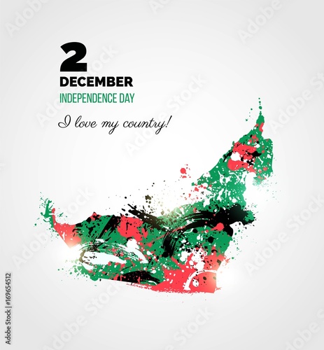 2 December. UAE Independence Day greeting card.   Holiday background with Colorful United Arab Emirates map with  flag and paint/ink splashes.  Watercolor drawing. Vector illustration