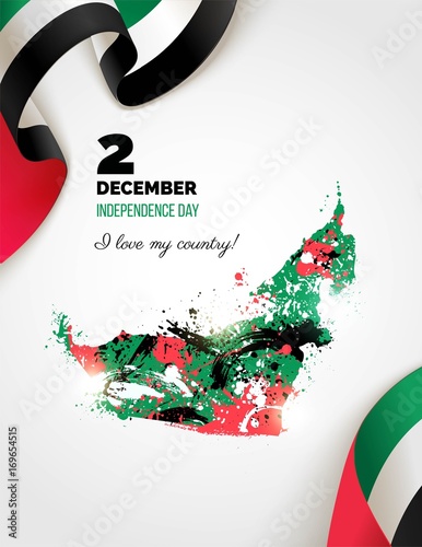 2 December. UAE Independence Day greeting card.   Holiday background with Colorful United Arab Emirates map, waving flag and paint/ink splashes.  Watercolor drawing. Vector illustration