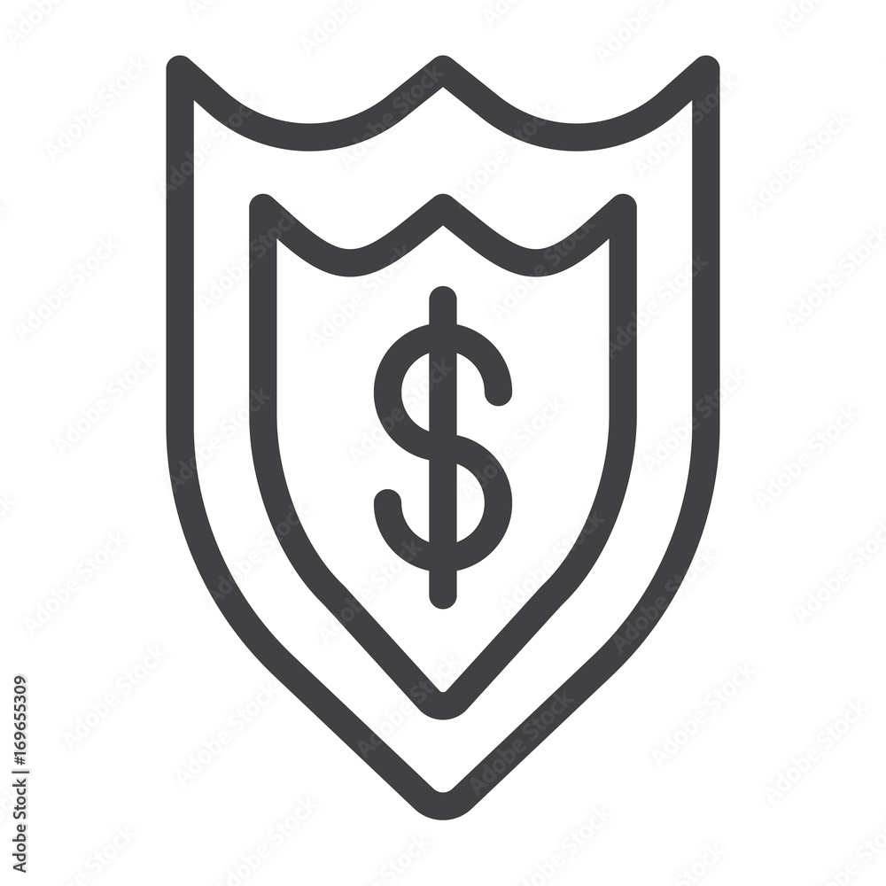 Financial security shield with dollar line icon, outline vector sign, linear style pictogram isolated on white. Symbol, logo illustration. Editable stroke Financial security shield with dollar line icon, outline vector sign, linear style pictogram isolated on white. Symbol, logo illustration. Editable stroke