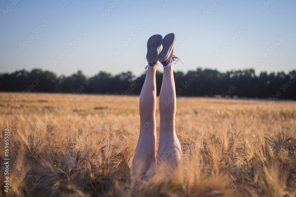 Funny picture of woman legs in summer wheat fields Funny picture of woman legs in summer wheat fields