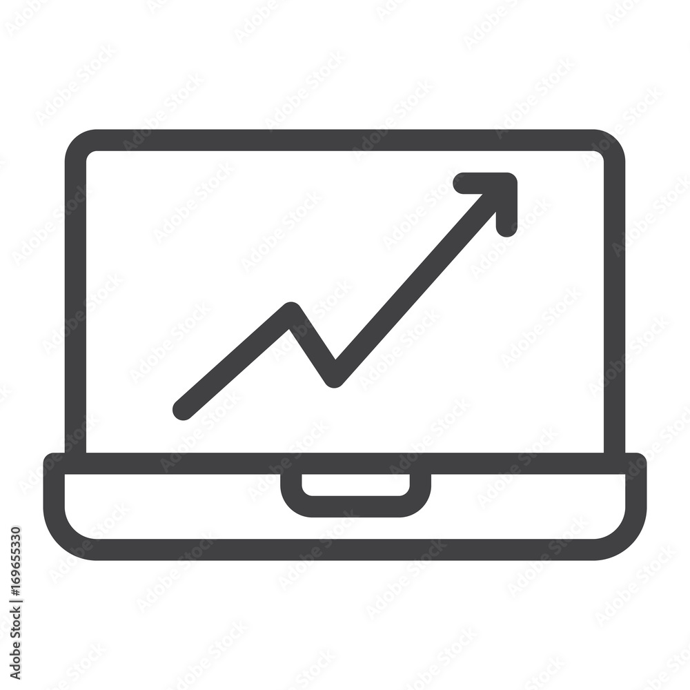 Laptop with graph line icon, outline vector sign, linear style pictogram isolated on white. Symbol, logo illustration. Editable stroke Laptop with graph line icon, outline vector sign, linear style pictogram isolated on white. Symbol, logo illustration. Editable stroke
