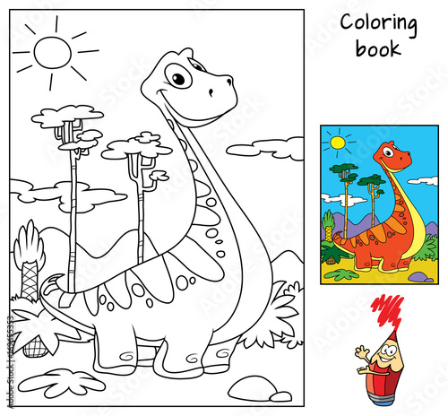 Fototapeta Śmieszny czerwony dinozaur. Kolorowanka. Ilustracja wektorowa kreskówka