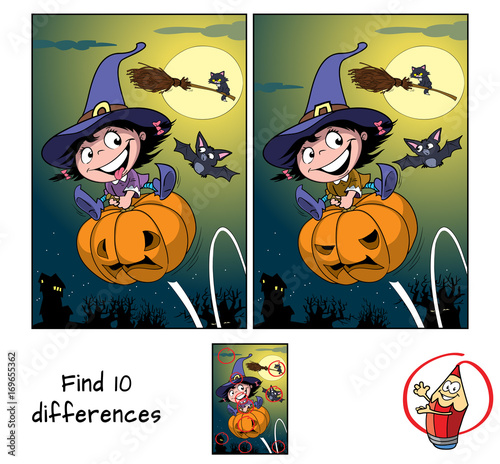 Cute little witch girl jumping on pumpkin, black cat on a broomstick, moon and a bat. Find 10 differences. Educational game for children. Cartoon vector illustration