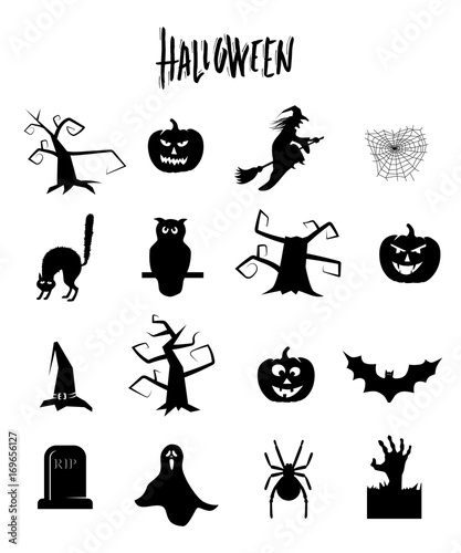 Halloween items set. Vector black halloween design elements.