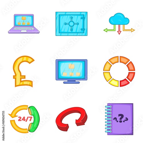 Storing money icons set, cartoon style