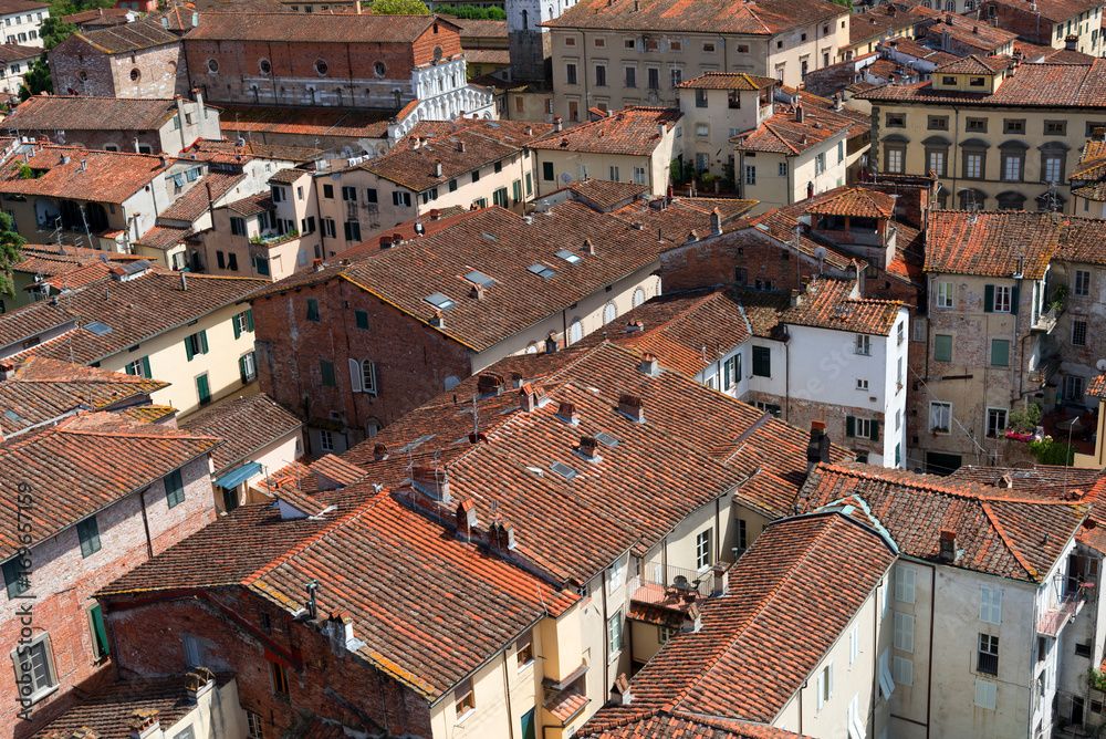 Aerial view of the small medieval town of Lucca, Toscana (Tuscany), Italy, Europe. View from the Guinigi tower