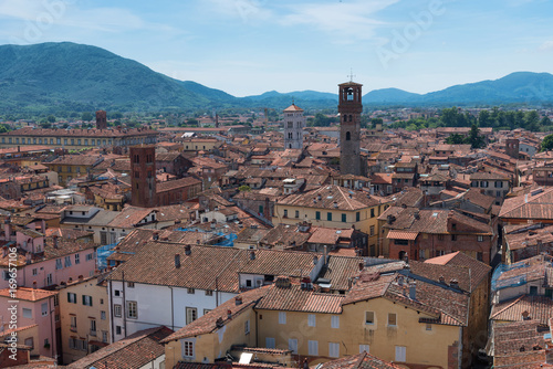 Aerial view of the small medieval town of Lucca, Toscana (Tuscany), Italy, Europe. View from the Guinigi tower © djevelekova